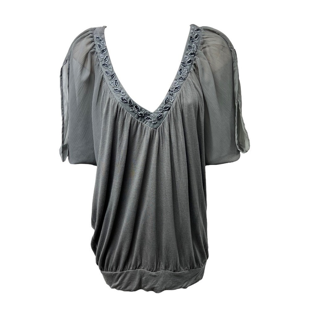 Vintage Candie's Blouse Top Size Medium Grey Pullover Embellished Draped Elegant - Picture 2 of 9